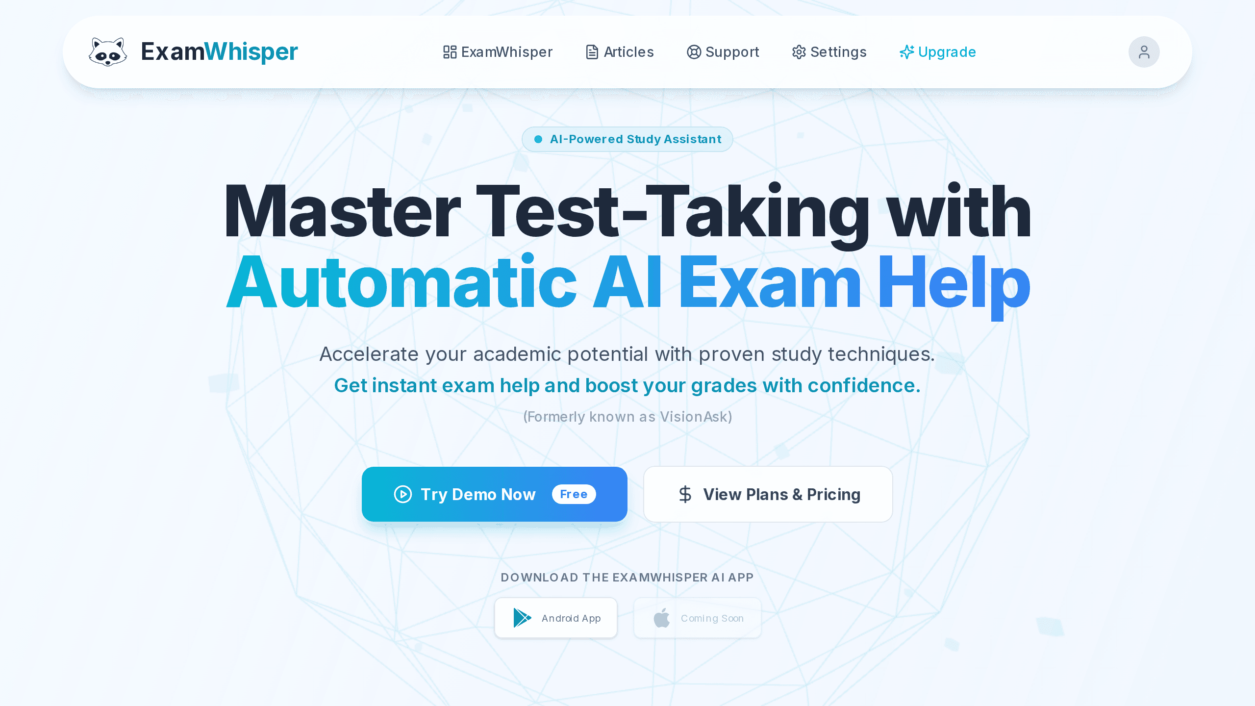 ExamWhisper public landing page showing camera-based study help and audio features